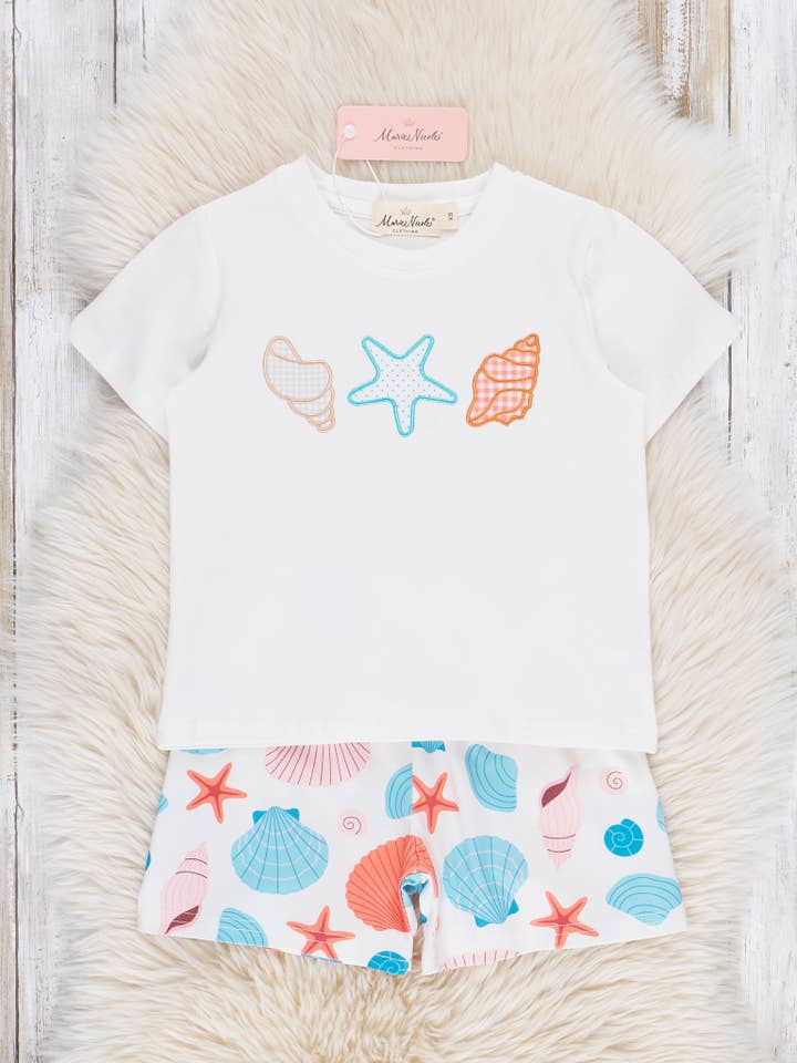 Marie Nicole Clothing - Wholesale Top & Short Set - Kids - Embroidered Seashells Outfit