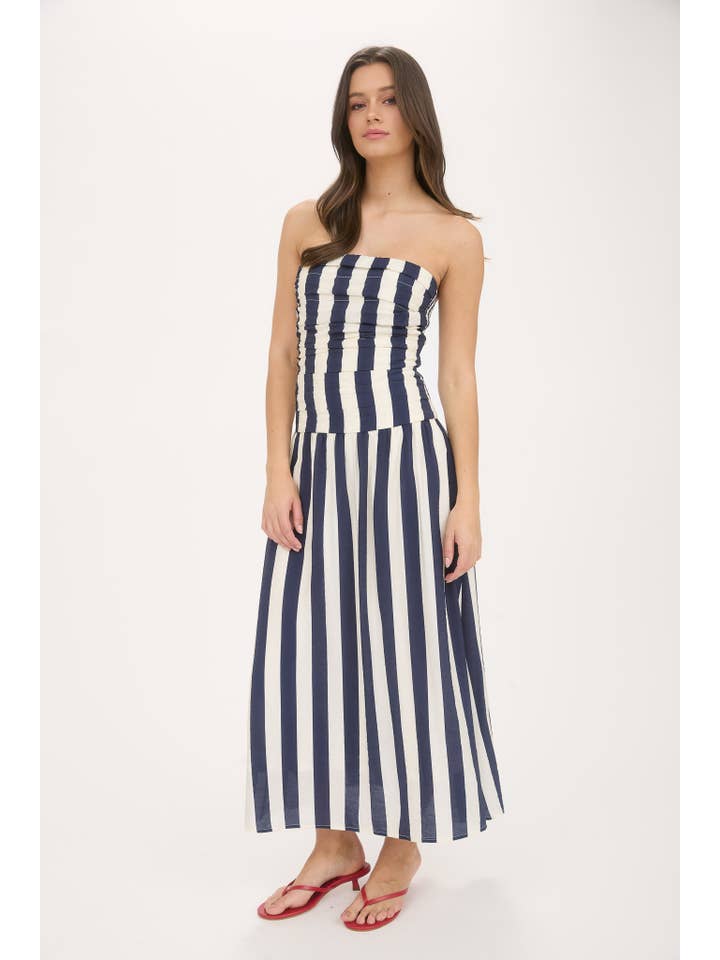 Moon River - Wholesale Dress - Women's - VERTICAL STRIPE STRAPLESS MIDI DRESS