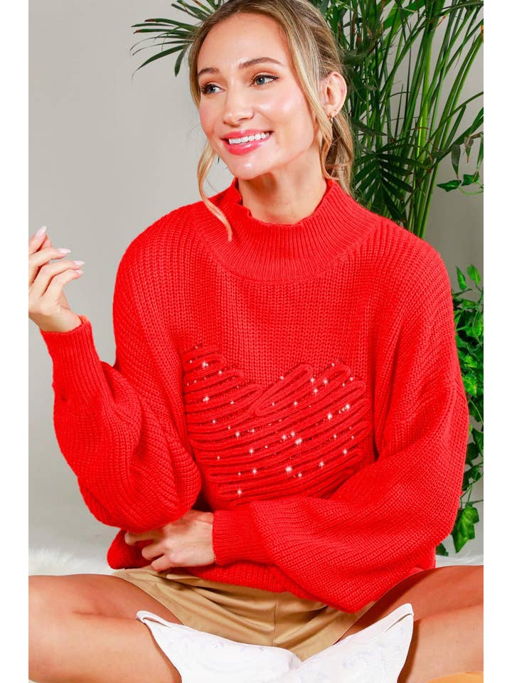 Vine & Love - Wholesale Knit Sweater - Women's - Hearted Embroidered Sequin Detail Knitted Sweater TopVT81860