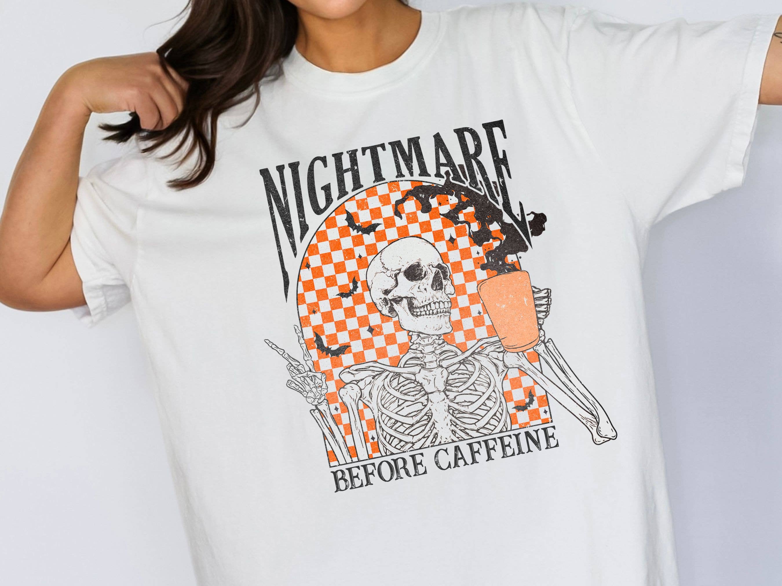Jackson&James - Wholesale Screen Printed T-Shirt - Women's - Halloween Caffeine Skeleton Fall Graphic Tee *White/Ivory*0