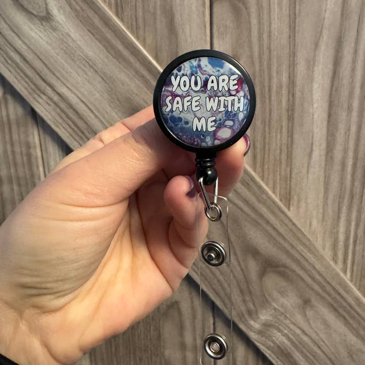 AbstractbyRabrams - Wholesale Badge Accessory - Unisex - You are Safe With Me Badge Reel - Trans Pride Badge Reel