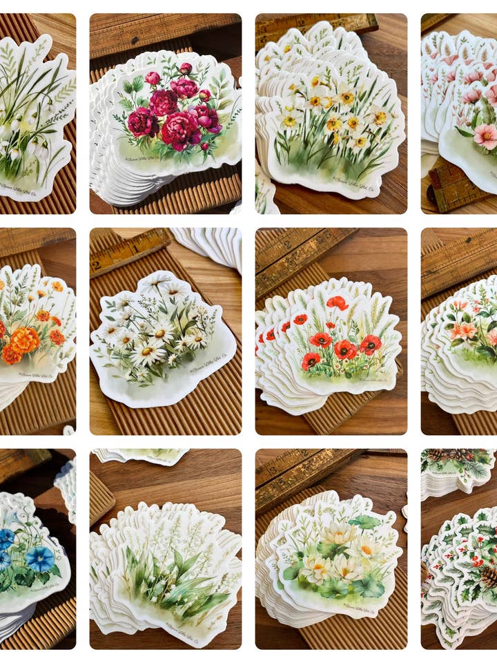 Confezione Campione di Adesivi da 12, Miglior Set di Fiori, Decalcomanie Floreali per la vendita all'ingrosso da parte di Brown Lillie