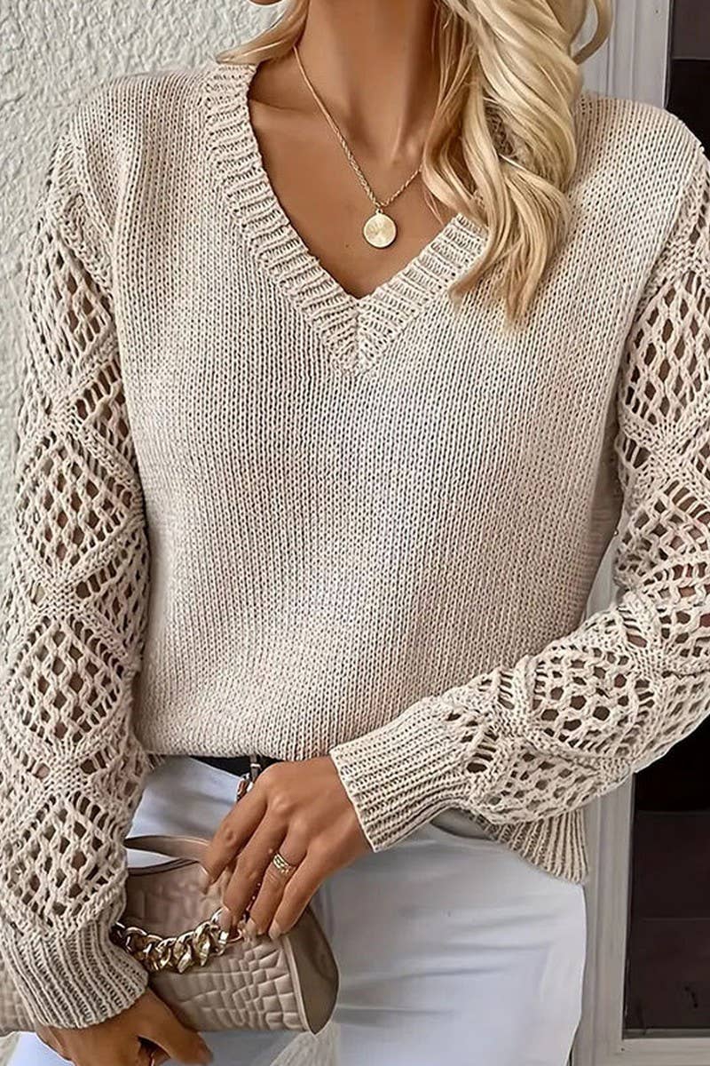NINEXIS - Vente Pull en maille – femme - CWOSWL5807_HOLLOW HAUT EN TRICOT À MANCHES LONGUES ET COL EN V6