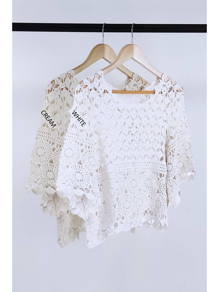 ESLEY - Wholesale Blouse - Women's - 54477TQLY- Lace Cutout Round Neck Half Sleeves Top6