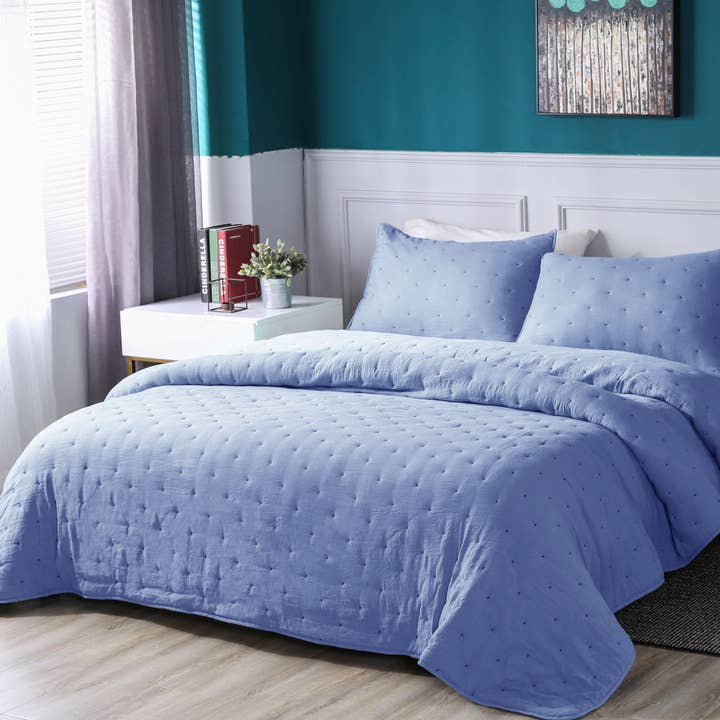 Kasentex - Wholesale Bedding Set - Bedding Set Microfiber Dot Stitch Stone Washed Quilt Set