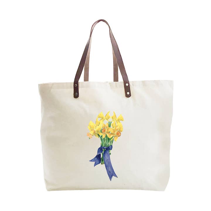daffodils with blue ribbon large tote for wholesale by Tina Labadini Designs