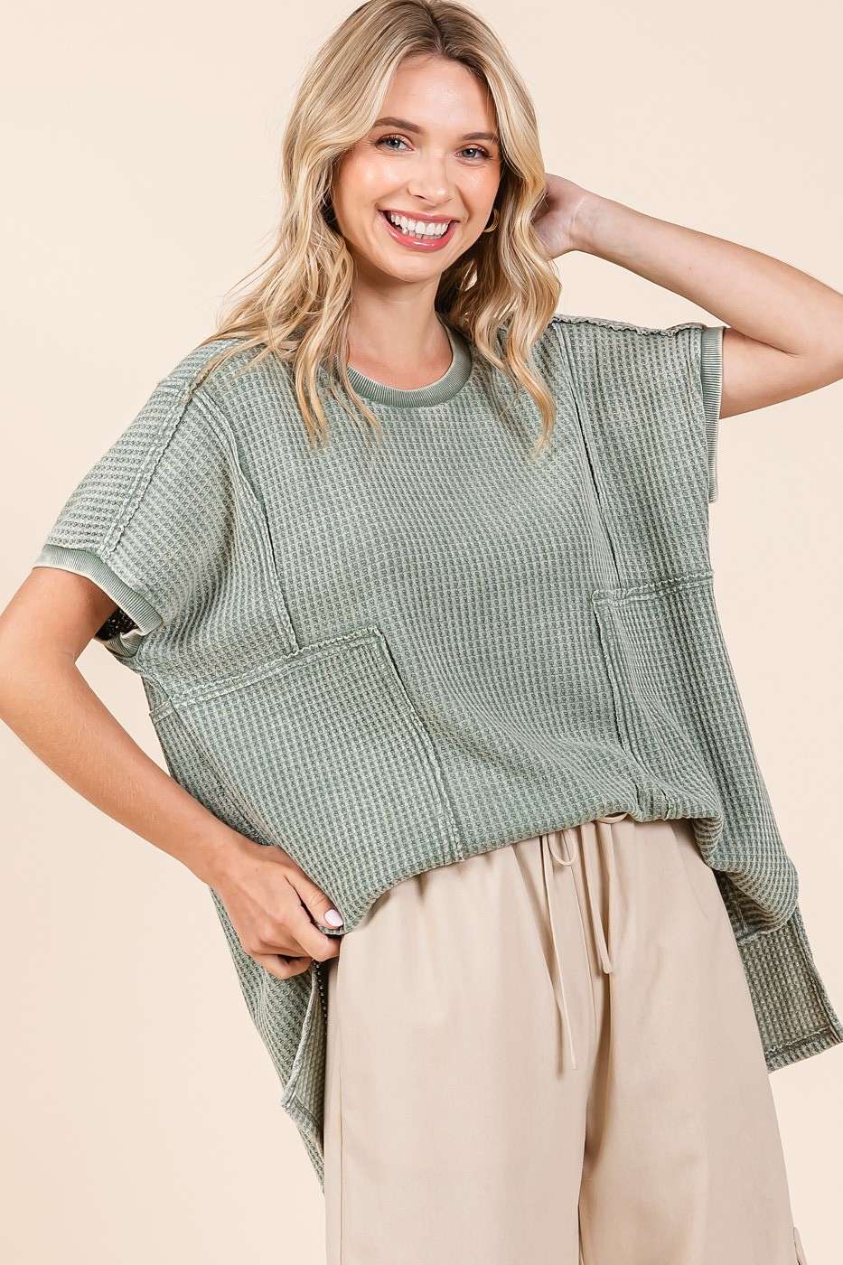 mittoshop - Wholesale Tunic - Women's - MINERAL WASH WAFFLE KNIT SEAM DETAIL TUNIC TOP13