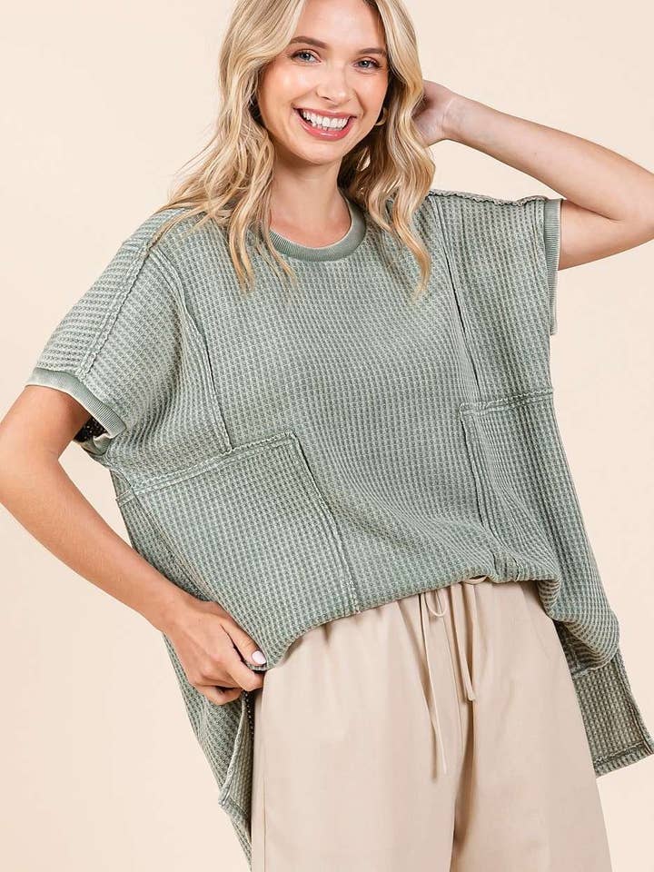 mittoshop - Wholesale Tunic - Women's - MINERAL WASH WAFFLE KNIT SEAM DETAIL TUNIC TOP13