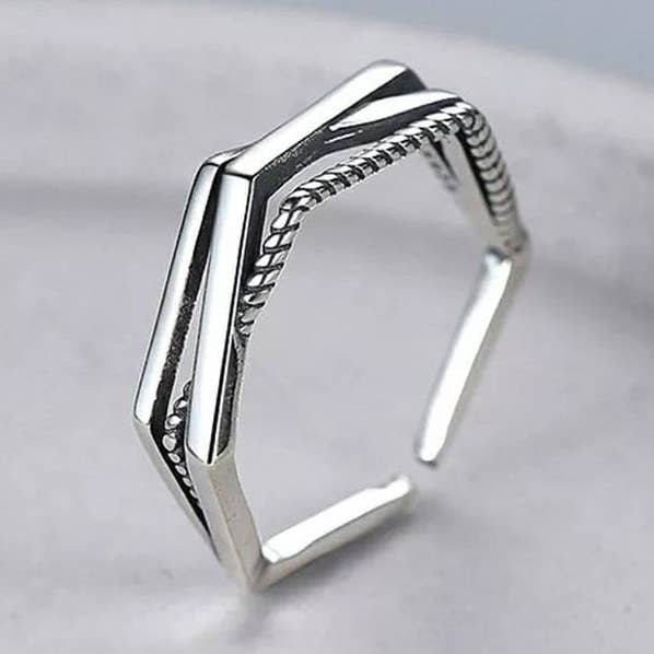 925 Sterling Silver Geometric Hexagon Stackable Slim Band Ring for wholesale by The Colourful Aura