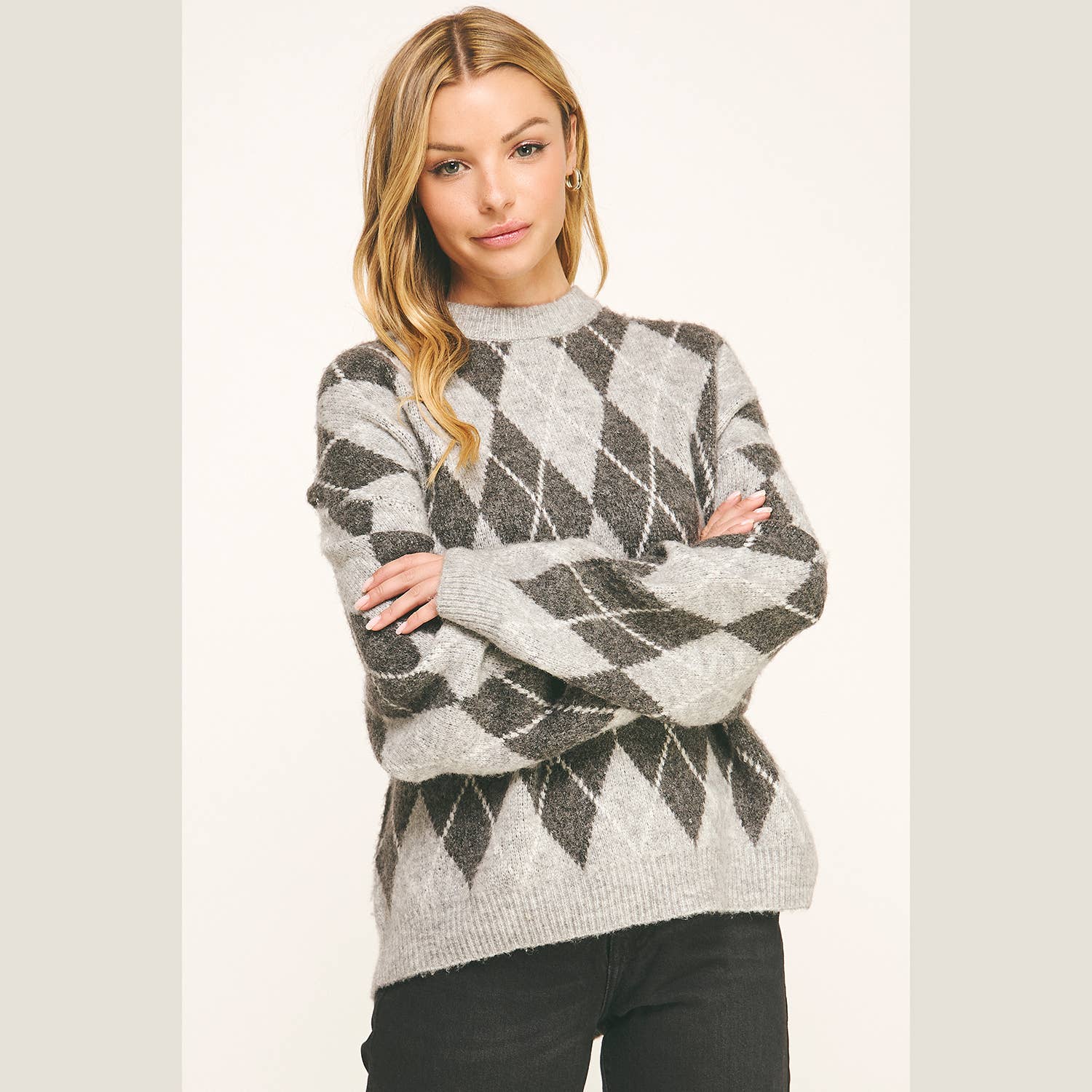 TONAL GRÅ RUTIG RUNDHALSAD LÅNGÄRMAD TRÖJA för wholesale på Faire5