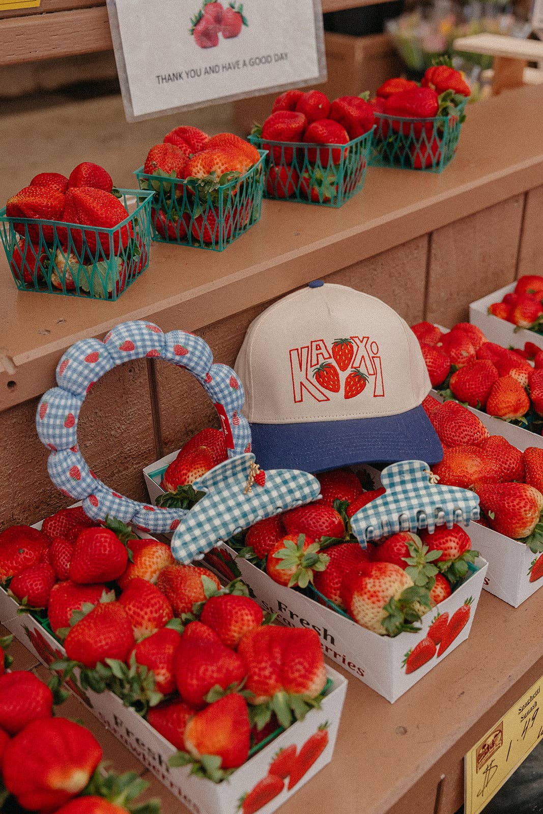 KAXI - Wholesale Hair Clip - Women's - BLUE GINGHAM STRAWBERRY CHARM CLAW2