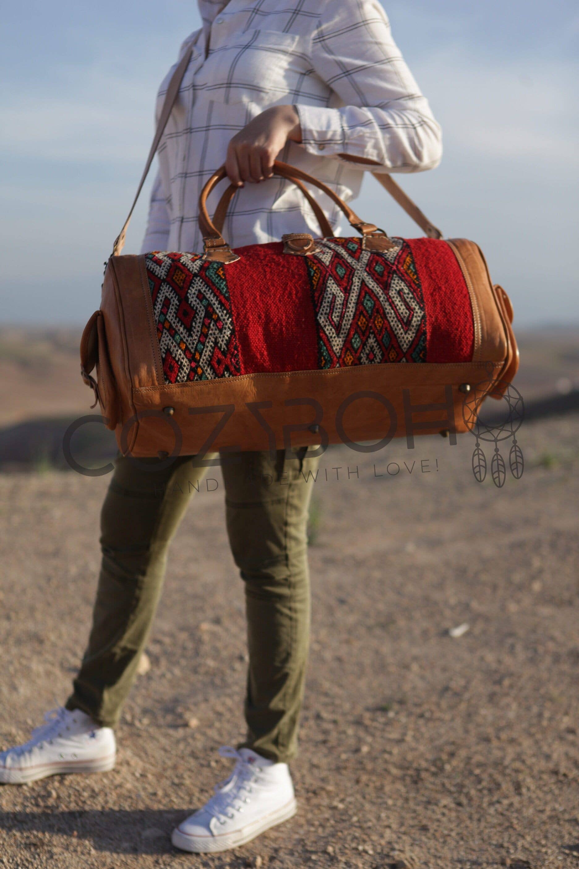 CozyBoho – Saco de viagem - Mulher por atacado – Bolsa de fim de semana Kilim de couro CozyBoho™11