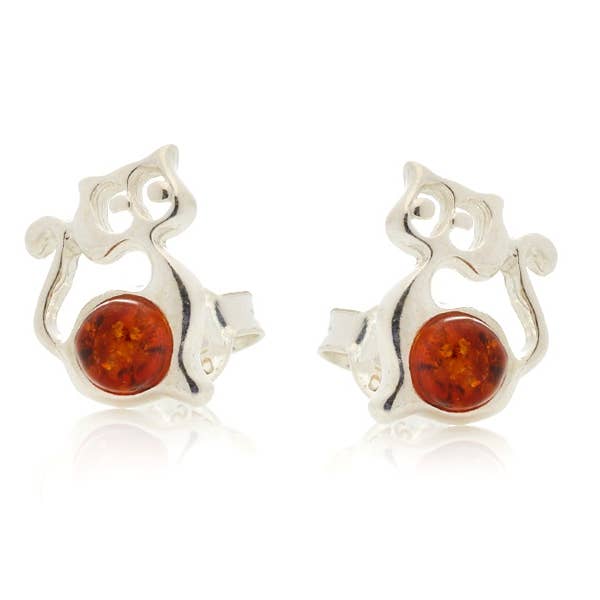 Cat earrings with natural cognac amber, sterling silver for wholesale by OPALOOK France