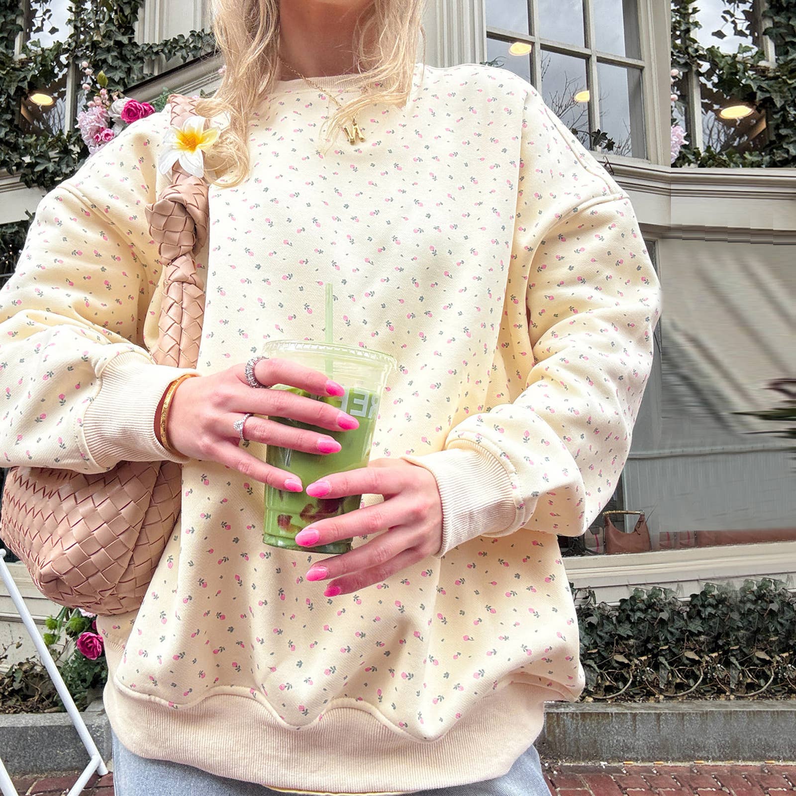 Yellow Vintage Floral print oversize boxy loose sweatshirt crewneck for wholesale on Faire7