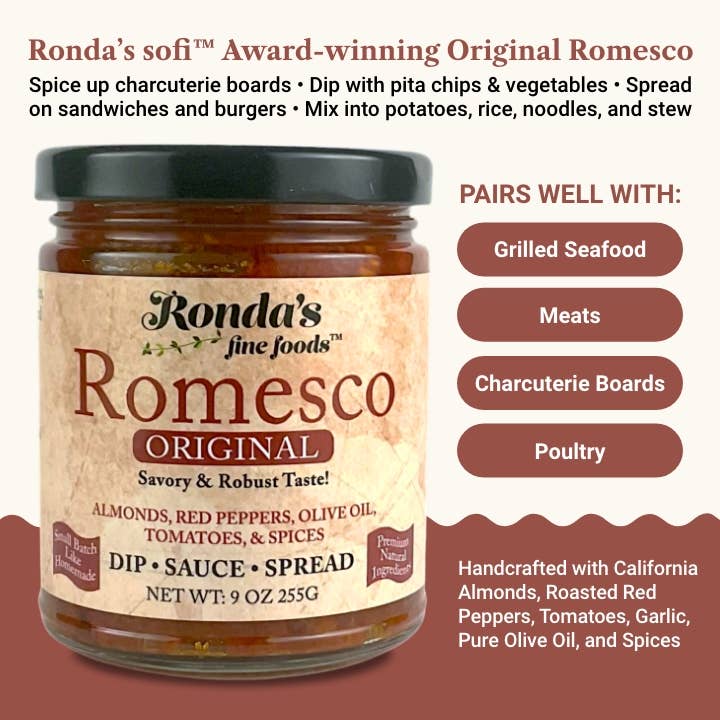 Original Romesco Dip/Sauce/Spread 9oz Glass Jar 12ct Case for wholesale by Ronda's Fine Foods