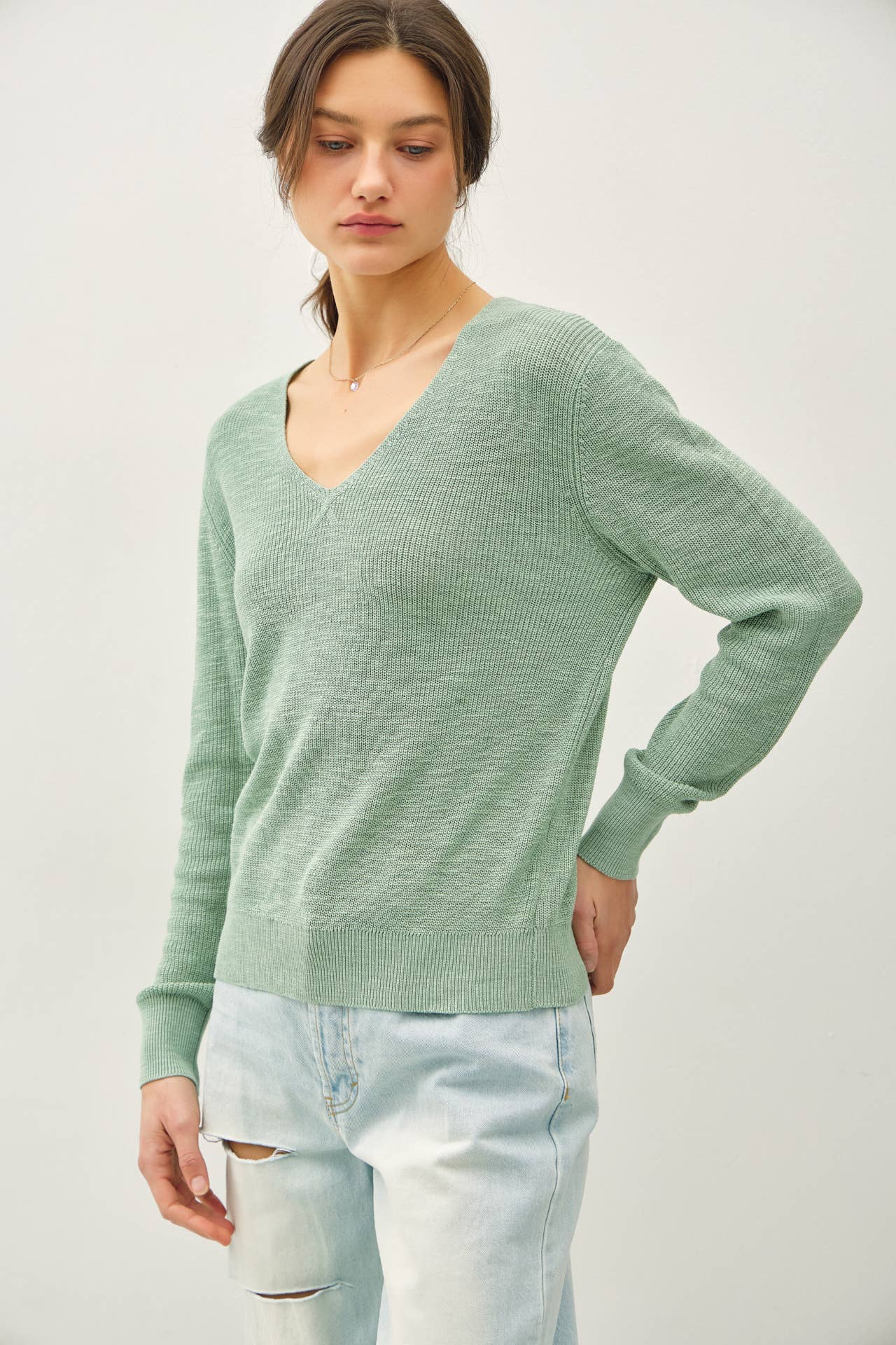 Be Cool - Wholesale Knit Sweater - Women's - LONG SLEEVE V-NECK COTTON SLUB SWEATER4