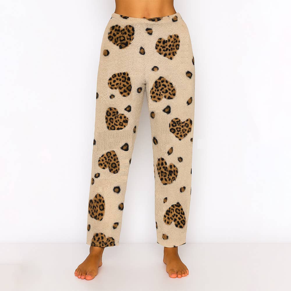 BEIGE HEART LEOPARD PATTERN PAJAMA PANTS, APJ 80086 for wholesale on Faire0