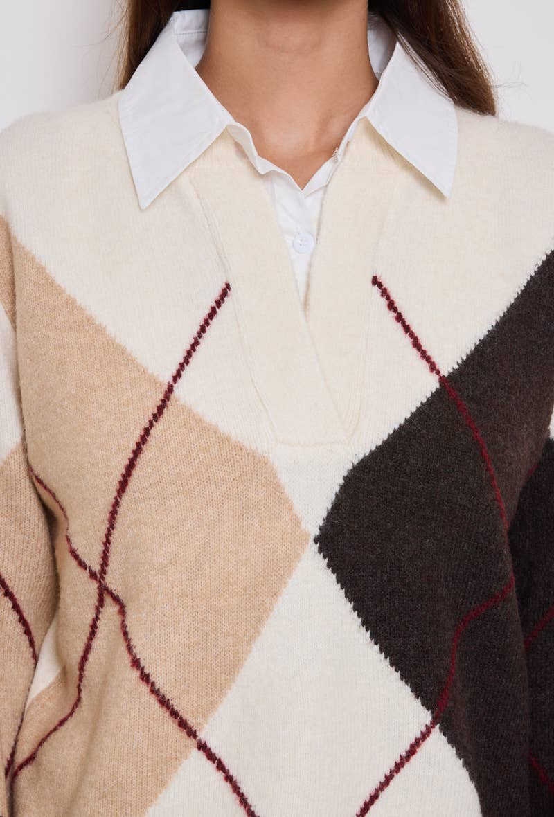 KY CREATION PARIS – wholesale Knitted jumper – Women′s – Diamond-patterned sweater with integrated shirt collar3