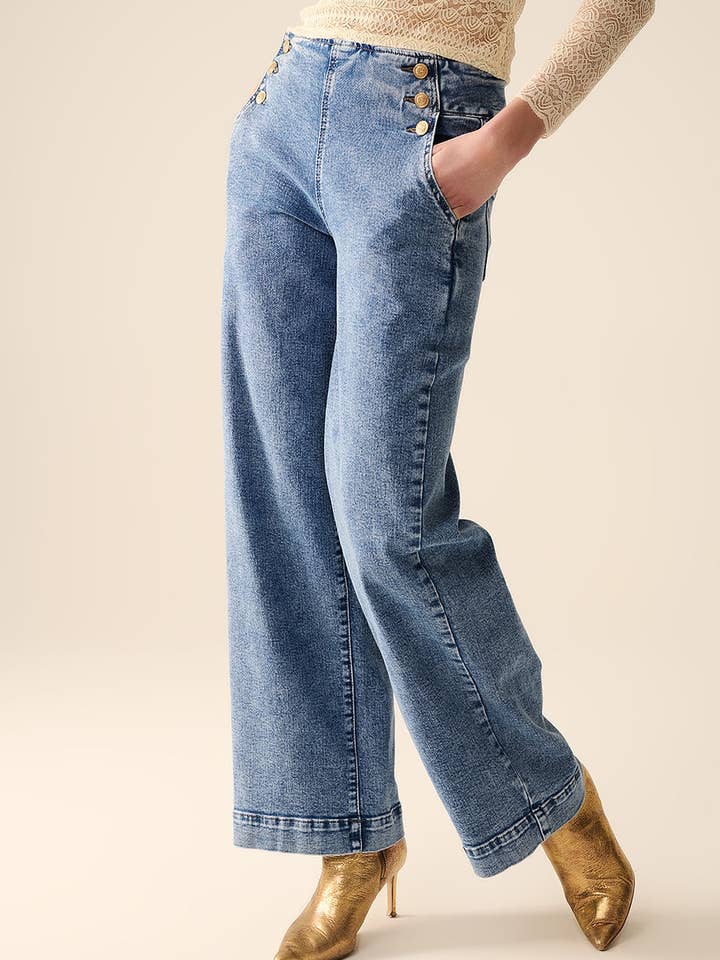 BLUE Straight Leg Marine Jeans With Gold Buttons in Mid Wash for wholesale on Faire6