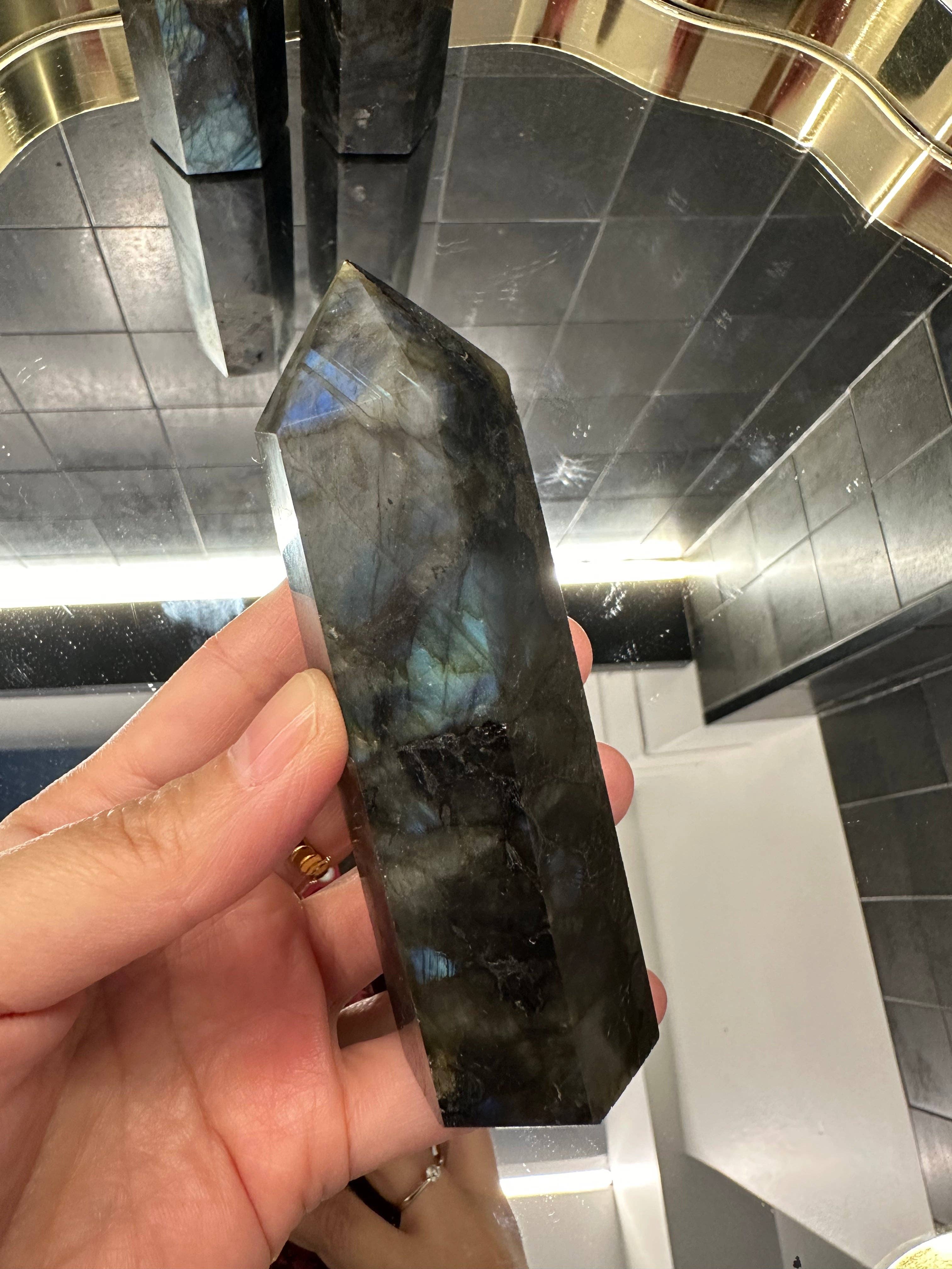 Moon Rituals – wholesale Spiritual stone/crystal – Natural Labradorite Tower Point Generator: Transformation & Intuition Crystal (10cm/4in), Christmas Crystal Gift6