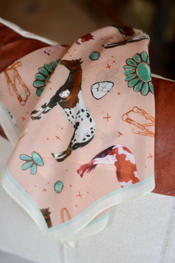 Tirzah Lane Art - Wholesale Scarf - Women's - Western Silk Wild Rag Horses and Turquoise Peach Scarf4