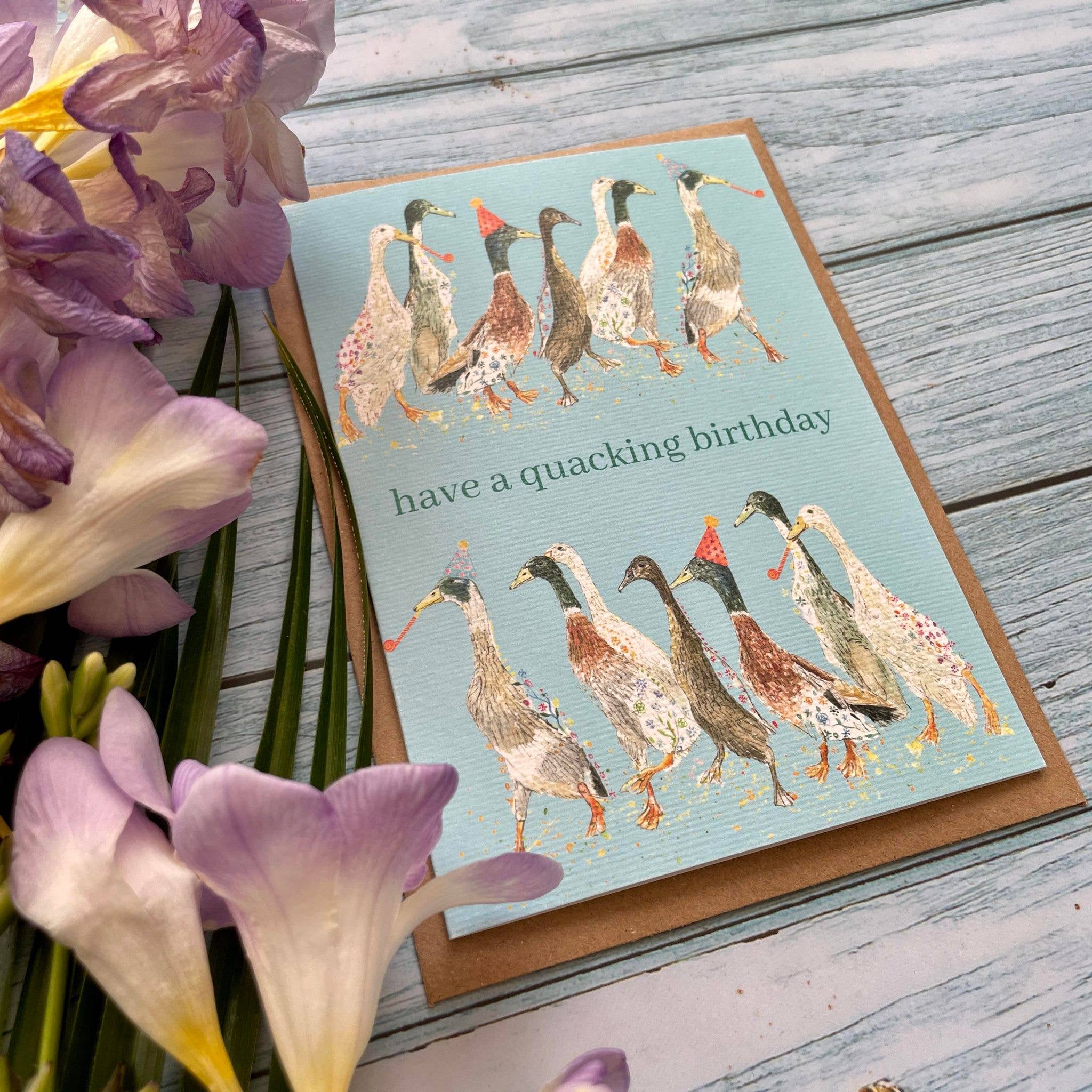 Jen Winnett Eco Artist – wholesale Birthday card – Have a quacking birthday! Duck Eco Card Funny Colour Farm2