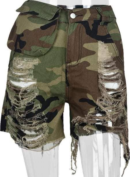 Queen Fashion - Wholesale Shorts - Women's - camouflage ripped pockets straight summer shorts5