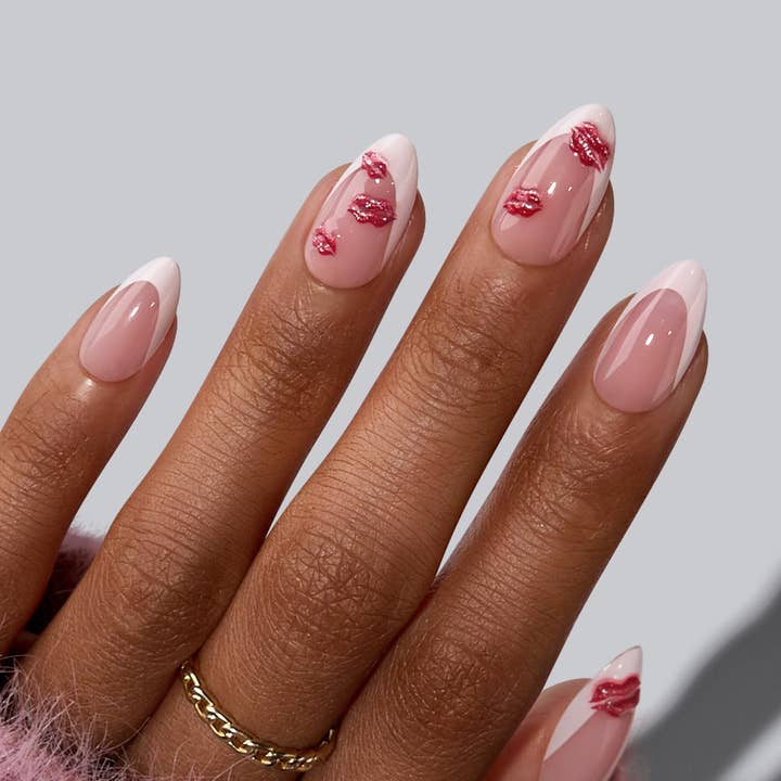 French Tip Press On Nails- Almond 3D Red Lips Valentine Nail for wholesale by BTArtboxnails
