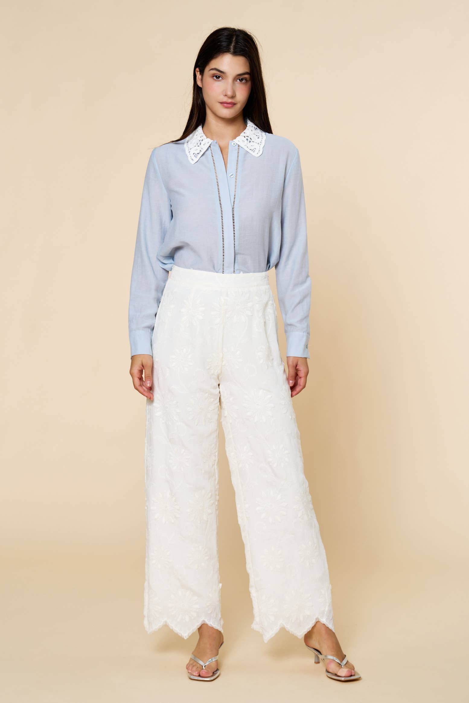 NATURAL ILP3633 Floral Embroidery Scalloped Wide Leg Pants  for wholesale on Faire3