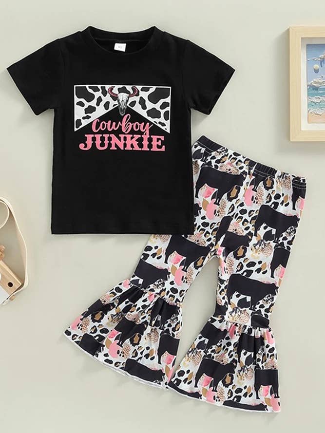 Conjunto de 2 piezas de top de manga corta para niños con pantalones acampanados ZT039 para venta al por mayor de UNISHE