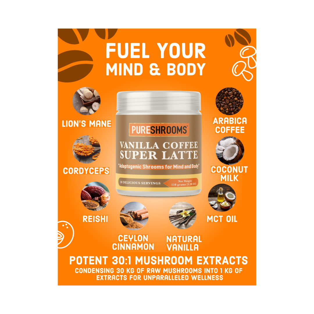 PureShrooms Inc. – Café/expresso instantâneo por atacado – Café de Baunilha Super Latte | 110g | 10 Porções1
