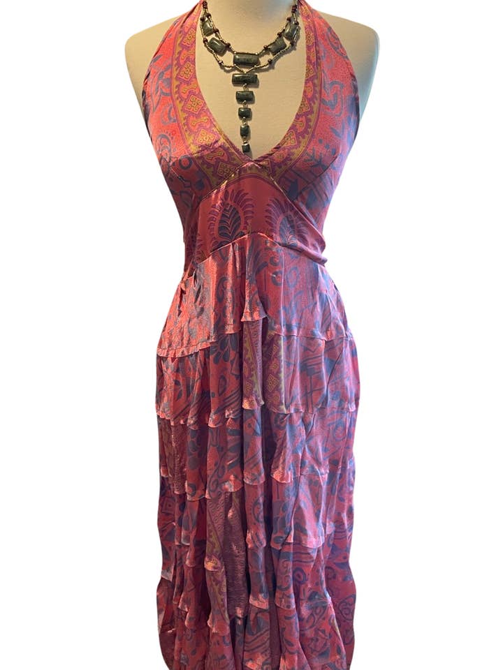 One of a Kind Reworked Vintage Silk Halter Dress (pink) for wholesale by Pink and Silver