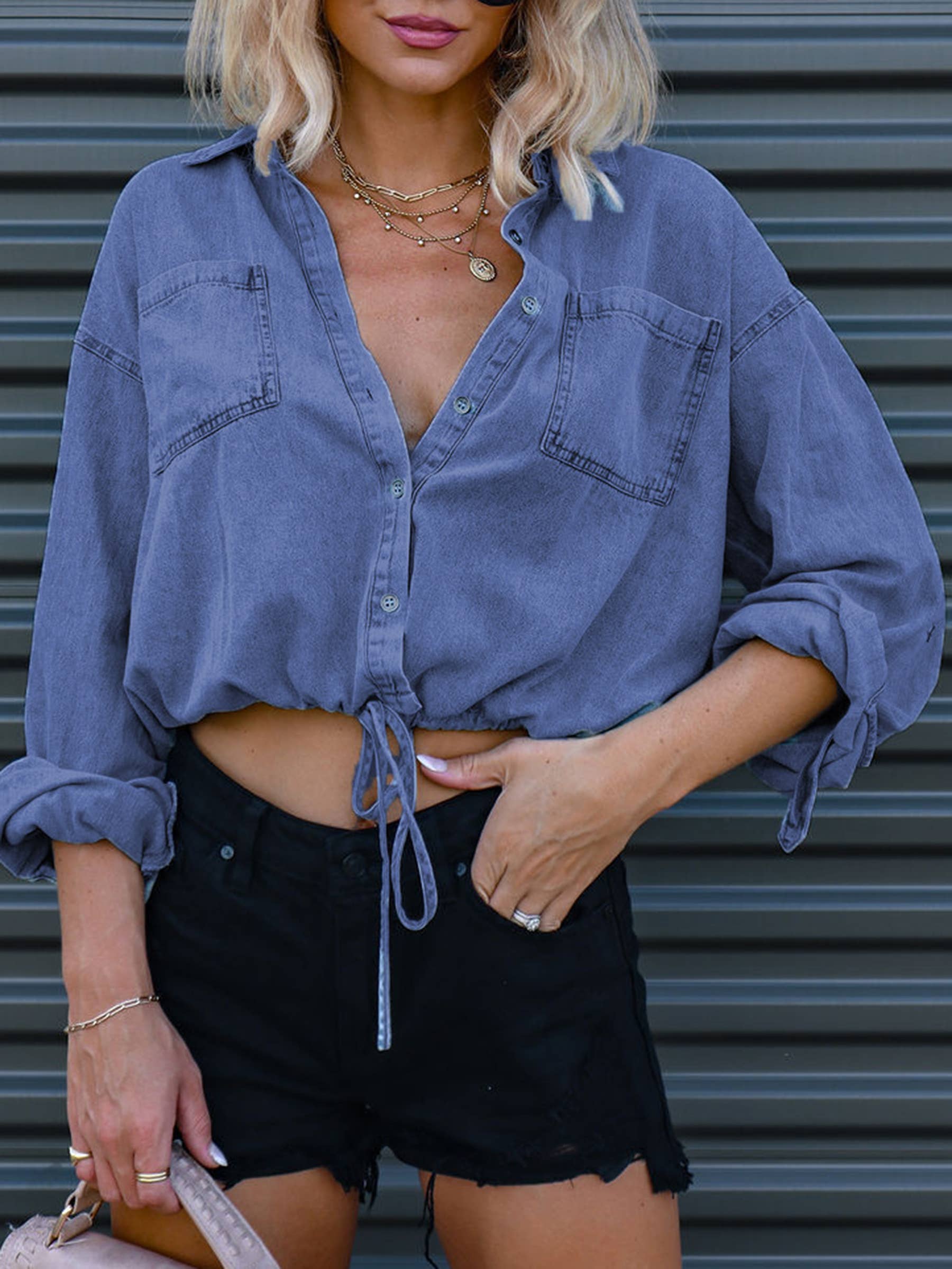 Wholesalesir - Wholesale Button Down Shirt - Women's - Fashion Casual Versatile Double Pocket Denim Shirt0