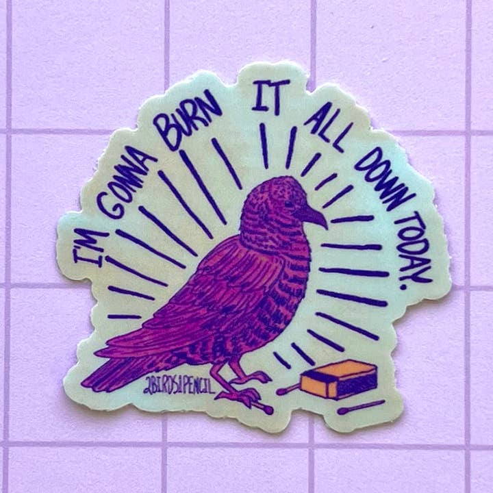 Mischievous Bird Mini Vinyl Sticker for wholesale by 2Birds1Pencil Illustrations