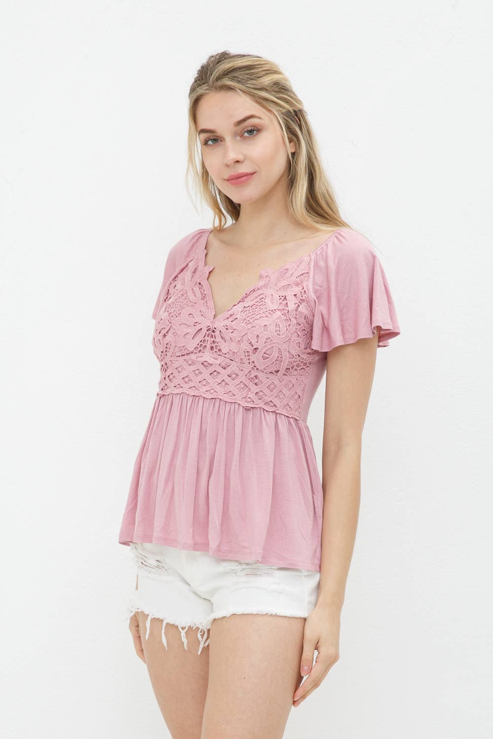 Blue B - Vendita all'ingrosso Camicetta - Donna - 31453T - Corpetto in pizzo a bralette in morbido jersey di rayon lavorato a maglia peplo13