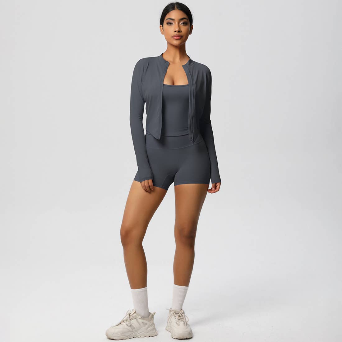 Sodalemon – Conjunto de desporto – Mulher por atacado – Conjunto feminino de yoga justo: top esportivo com interior escovado, jaqueta com zíper e shorts6