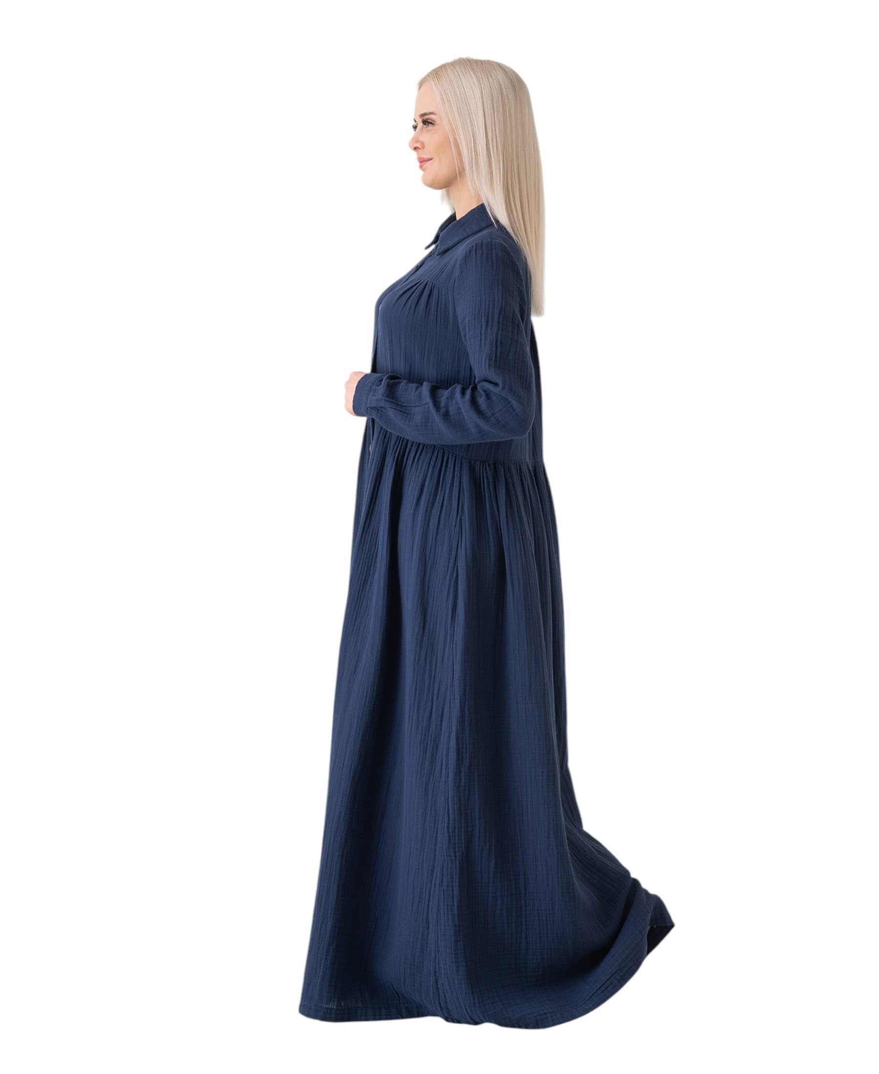 WENOR - Vente Robe – femme - Robe d'été longue en mousseline 100 % coton avec patte de boutonnage, 145 cm20