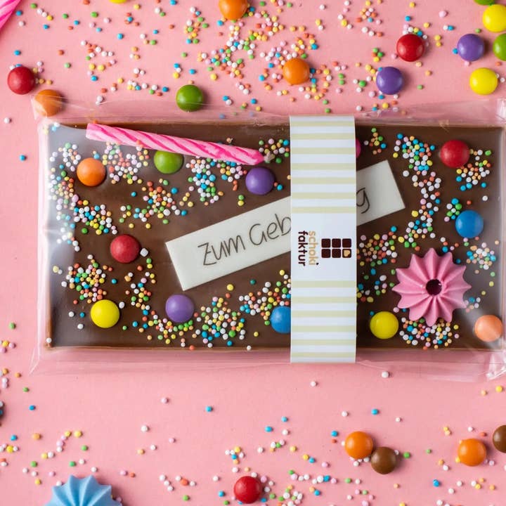 Whole Milk Birthday Chocolate "Pink Candle" for wholesale by Schokifaktur