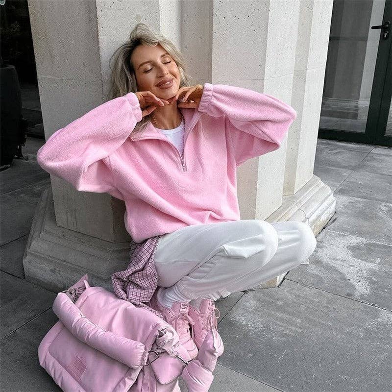 PINK Solid Color Fleece Loose Collar Pullover Hoodie for wholesale on Faire1