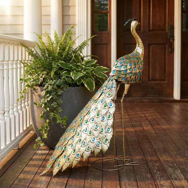Colorful Metal Golden Peacock Statue for wholesale by Continental Art Center