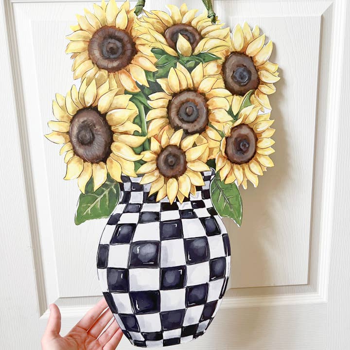 Home Malone - Wholesale Door Hanger - Sunflower Check Vase Door Hanger-Checkered Trend Floral1