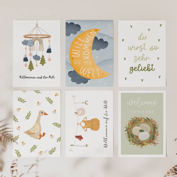 Tilda&Theo - Vendita all'ingrosso Biglietto di auguri per la nascita - Set di 6 cartoline per la nascita del bebè «in bundle», colore neutro