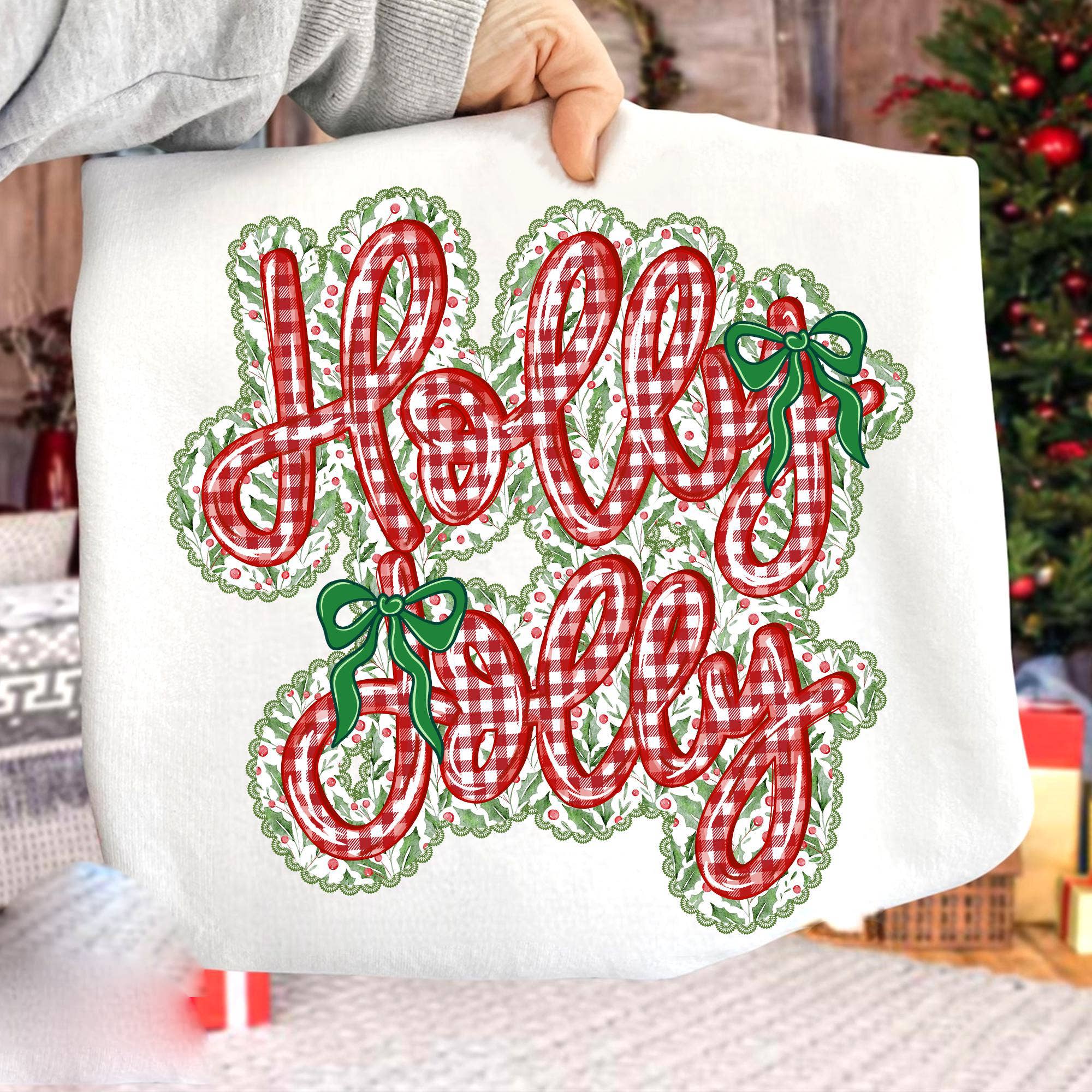 Glaime - Wholesale T-Shirt (Graphic) - Women's - Comfort Colors Preppy holly jolly Shirt, Lace Christmas Tee2