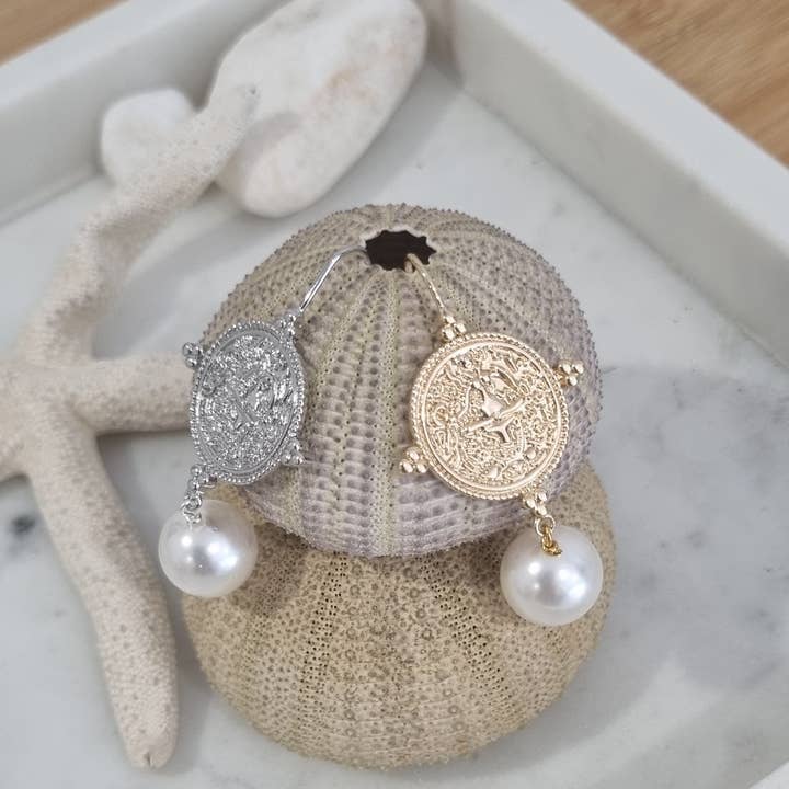 PearlGem Designs - Wholesale Dangle earrings - Goddess Greek Coin Shell Pearl Earrings2