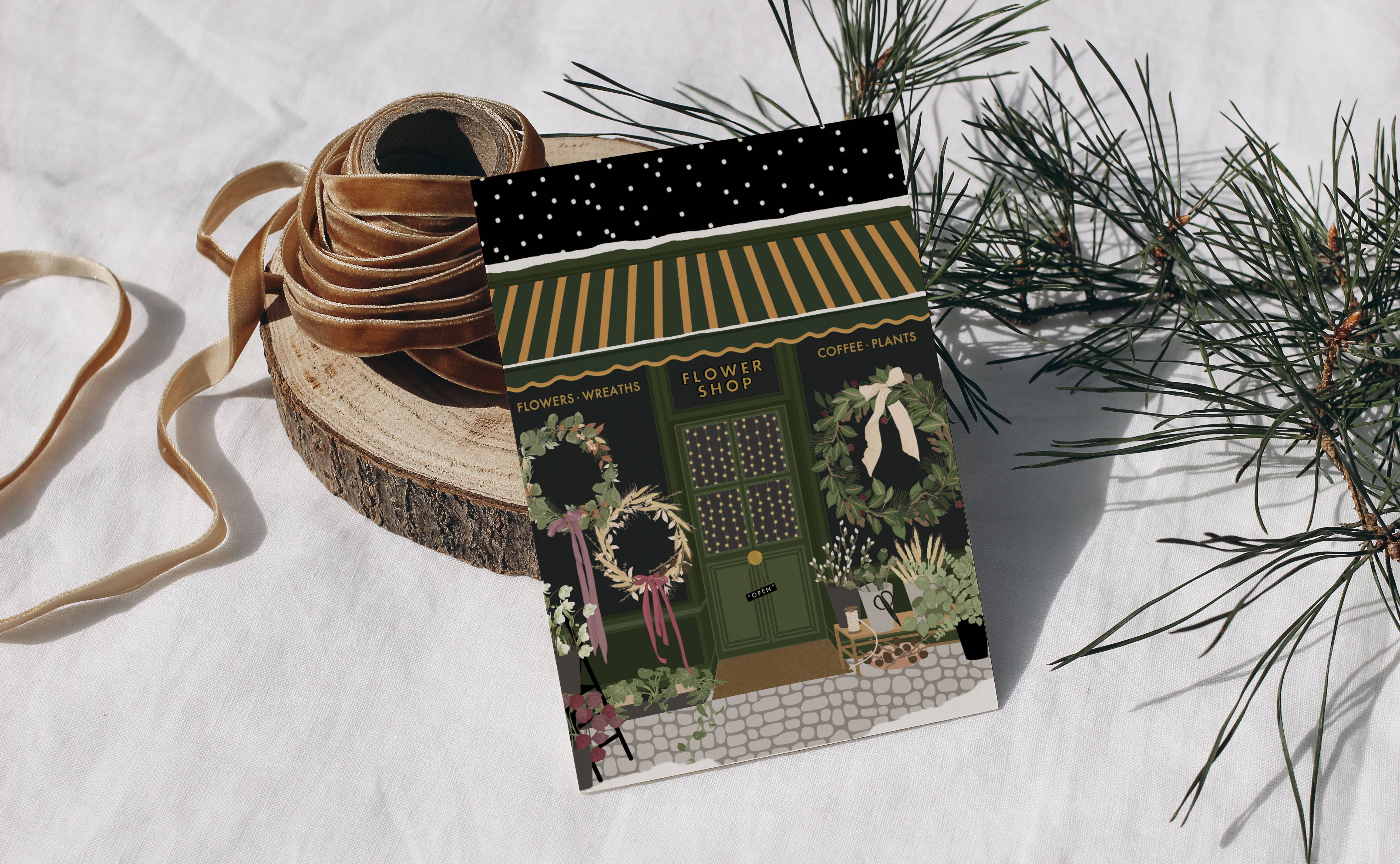 Wildwood Paper - Wholesale Christmas Card - Flower Shop Florist Christmas Window Scene Greetings Card1