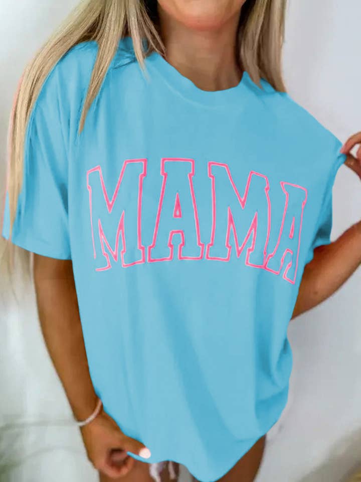 Light Blue MAMA Letter Graphic Neon T Shirt for wholesale on Faire