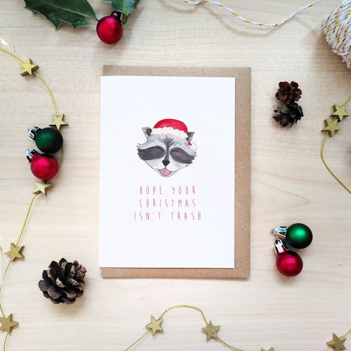 Carte de Noël Not Trash Raccoon pour la vente par The Curious Cactus