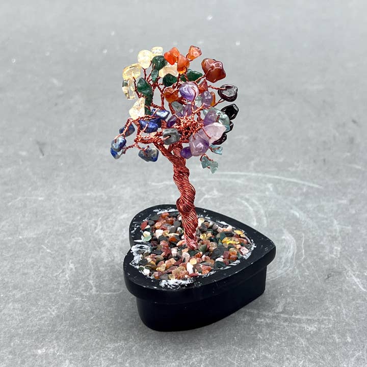 7 Stone Gemstone Chip Bonsai Tree with Soapstone Base and Copper Wire for wholesale by Crystal River Gems LLC