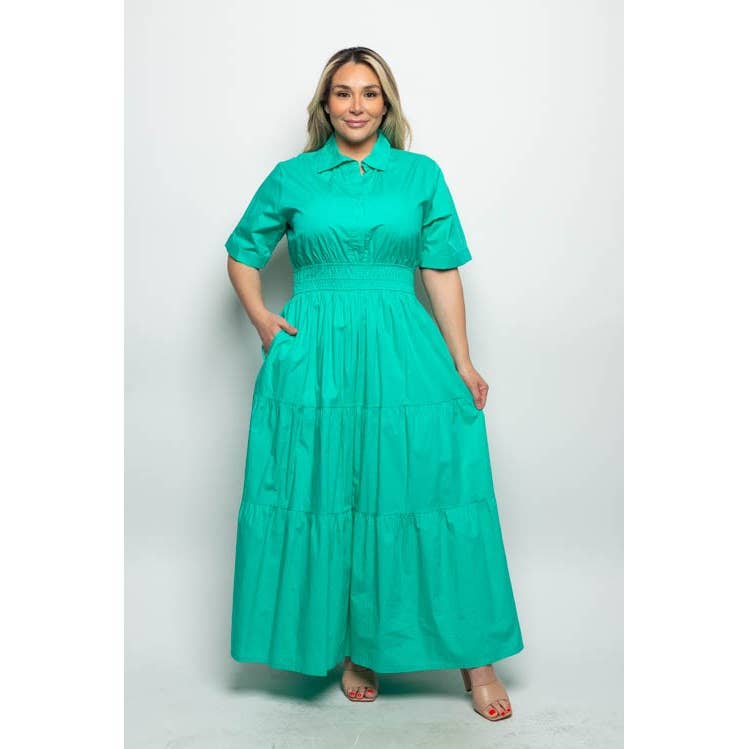 Curve Market - Wholesale Dress - Women's - PLUS SIZE COTTON POPLIN COLLARED ELASTIC WAIST WITH POCKETS 0