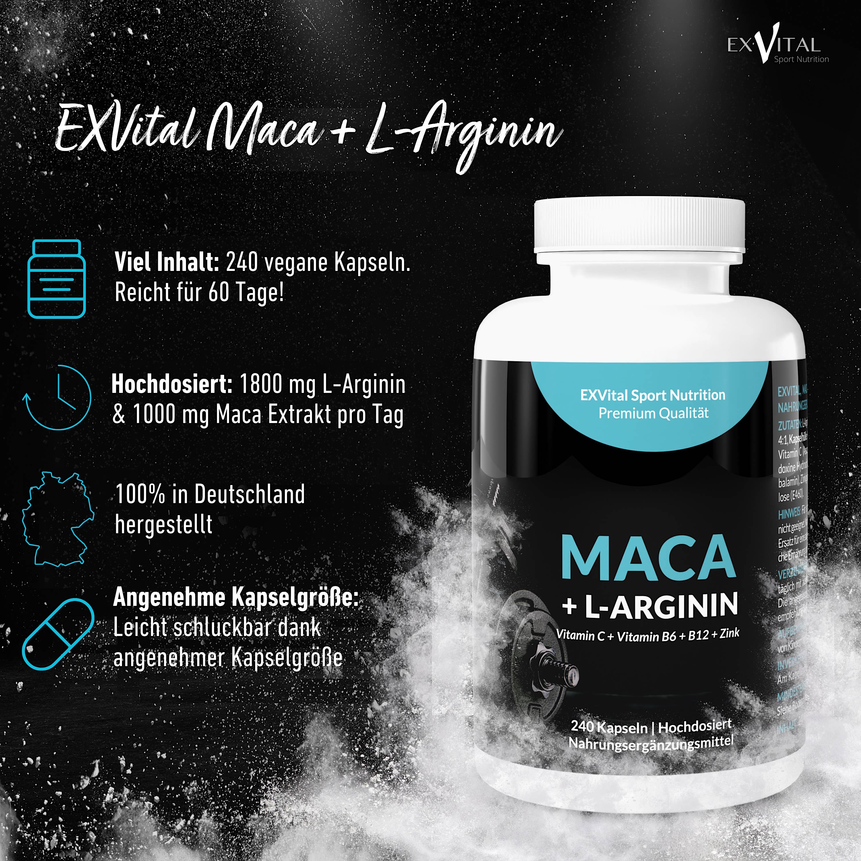 EXVital – wholesale Oral supplement/vitamin – Maca Capsules 1000 mg + L-Arginine 1800 mg + Vitamins + Zinc1